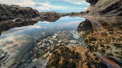 Rocky coastline tide pool reflecting the sky with pebbles and boulders under clear shallow water
