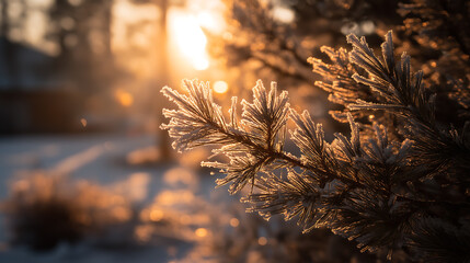 A frosty pine branch glistens in the warm sunlight during a serene winter morning