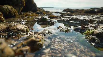 A low angle shot of a rocky beach with tide pools reflecting the sky and distant ocean view in daytime