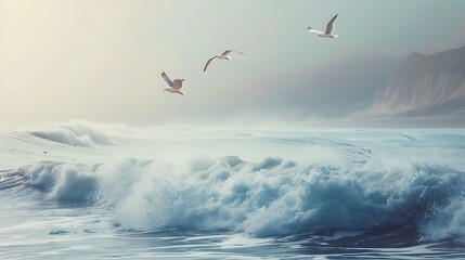 Seagulls soaring over the ocean waves with a hazy sky and distant mountains in the background view