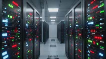 Data center server room with blinking lights - Powered by Adobe