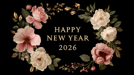 Elegant vintage floral wreath design wishing happy new year 2026 celebration in luxurious gold lettering against a dark background