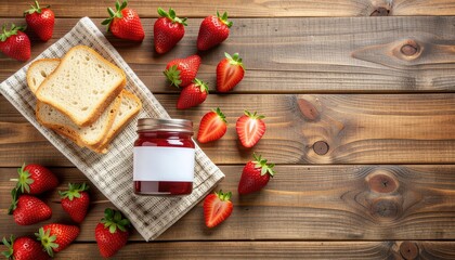Strawberry Jam Jar Mockup in Flatlay Breakfast Scene