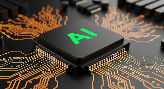 Closeup of a computer processor chip with the letters ai glowing green on a dark circuit board background - Powered by Adobe