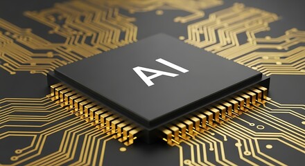 Closeup of a black ai chip with golden circuit board traces, representing artificial intelligence, microchip technology, and modern computing power