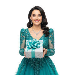 Elegant Woman in Sparkling Evening Gown Holding Gift Box