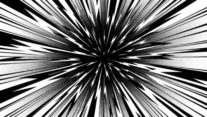 A black and white abstract illustration of a dynamic explosion of lines radiating from a central point