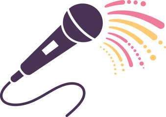 Karaoke microphone vector illustration, flat design vocal mic with colorful pink and yellow sound waves for music and party concept