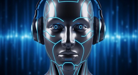 Closeup of a futuristic robot head with glowing blue circuits and headphones, symbolizing artificial intelligence, music, and advanced technology
