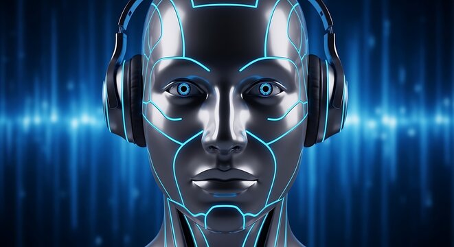 Closeup of a futuristic robot head with glowing blue circuits and headphones, symbolizing artificial intelligence, music, and advanced technology - Powered by Adobe