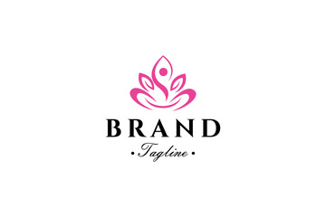 Fototapeta premium yoga meditation logo with lotus leaf element in peace vector design style