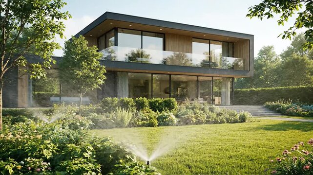 Lawn irrigation waters the garden and lawn near a modern house exterior with grass.