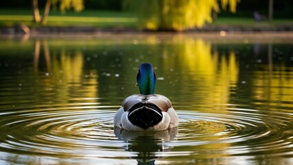 A duck swims peacefully in a serene body of water with a vibrant feather on its head