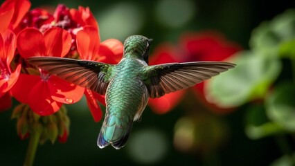 A vibrant hummingbird hovers near bright red flowers in a lush green environment