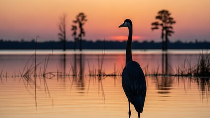 A serene heron stands in a peaceful lake at sunset with trees in the background