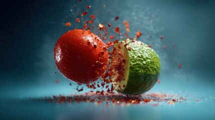 A spicy chili sphere collides with a creamy avocado ball, fragments scattering in suspended clarity, lighting contrasting colors, shadows