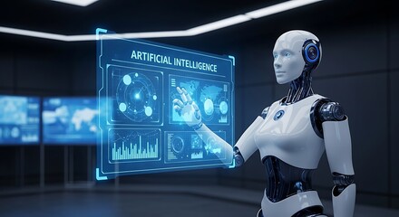 Female robot interacting with a holographic display showing artificial intelligence data and charts in a modern laboratory