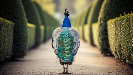 A majestic peacock stands proudly in a serene garden pathway surrounded by lush greenery