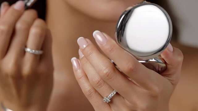 Woman applying makeup using brush and compact mirror, beauty and cosmetic routine.