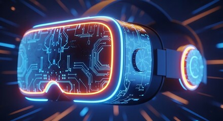 Futuristic virtual reality headset with glowing neon blue and orange circuits, representing immersive technology and advanced gaming experience in a digital world