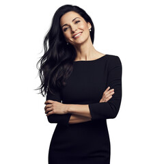 Elegant Woman with Dark Hair in Black Dress, Arms Crossed, Smiling Confidently