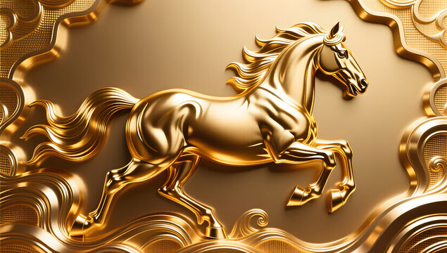 Golden stallion relief sculpture in a powerful galloping posture