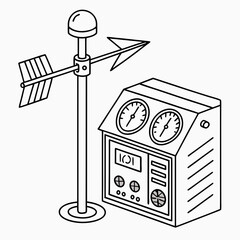 a detailed line drawing depicts a weather station with an anemometer wind vane and instrument panel showcasing meteorological technology
