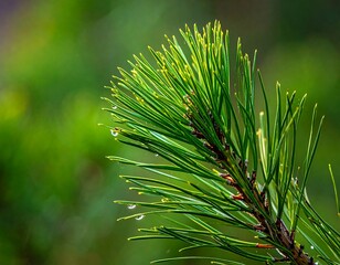 Close-up of dewy green pine needles, blurred bokeh background