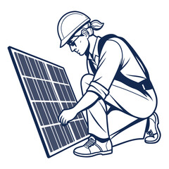 A skilled worker wearing safety gear meticulously examines a large solar panel for efficient energy production and optimal functionality
