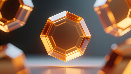 Amber translucent floating hexagons in a futuristic scene