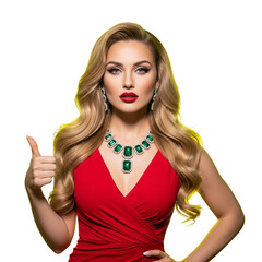 Elegant Woman in Red Dress Giving Thumbs Up with Jewelry