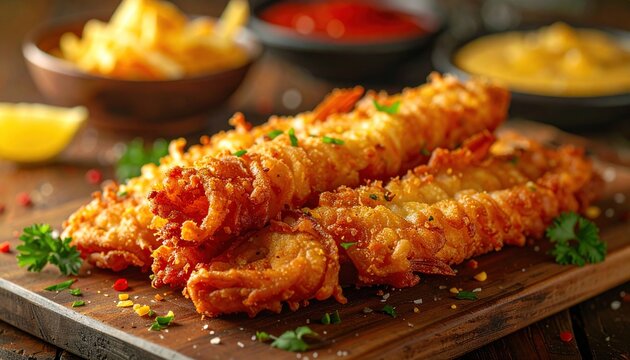 Crispy Golden Fried Fish Fillets with Lemon and Herbs on a Wooden Board.