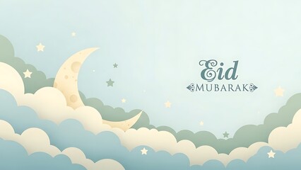 Eid Mubarak greeting with a crescent moon and stars amidst soft clouds, ideal for celebrations and festive occasions