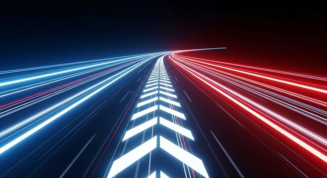 Abstract futuristic highway with glowing blue and red light trails and arrow indicators, symbolizing speed, motion, and direction in a digital network - Powered by Adobe