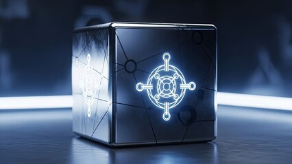 Glowing blue cube with electronic circuit design on surface