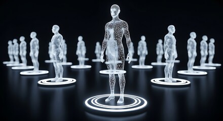 3d rendering of a group of transparent human figures in a futuristic digital network, with one central figure