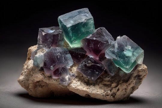 Un impresionante conjunto de cristales de fluorita verde y p&uacute;rpura emergiendo de una matriz rocosa.