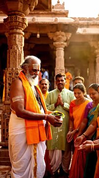 A bearded hindu priest in saffron robes performs a sacred religious ritual for devotees in the warm light of an ancient stone temple.