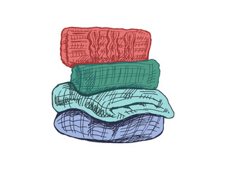Hand drawn vintage sketch of folded knitted clothes in color version, warm winter sweaters and woolen fabric stack