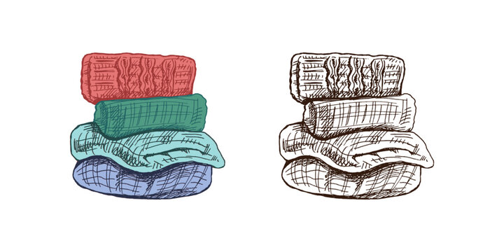 Hand drawn vintage sketch of folded knitted sweaters in color and monochrome version, warm winter woolen clothes stack