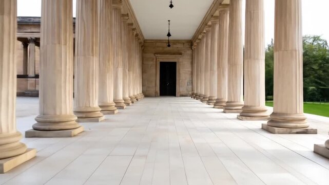 A classical colonnade walkway, flanked by pillars, leading to a dark door, with three hanging lamps