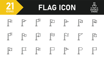 Waving flag line icon set. Set of 21 outline icons related to flag, waving flag, country flag and others. Editable stroke. Vector illustration.