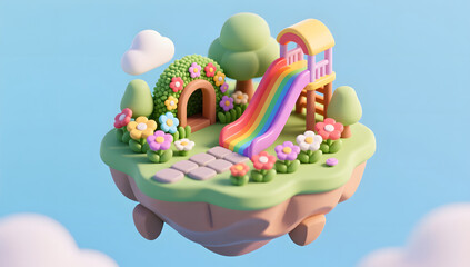 Fantasy floating island with rainbow slide and secret garden