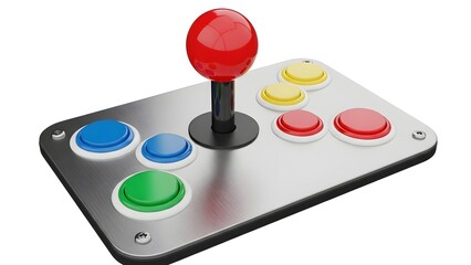 Classic arcade game controller with colorful buttons and joystick