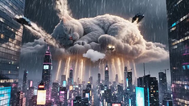 Cat sleeping on cloud futuristic cityscape with rain