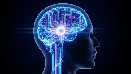 Silhouette of human head with glowing neural network patterns visible inside, digital brain representation, blue and purple neon lights, dark background, symbolic AI visualization