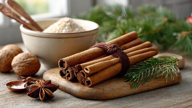 Rustic cinnamon, nuts, and pine display shifts to warm, cozy holiday ambiance