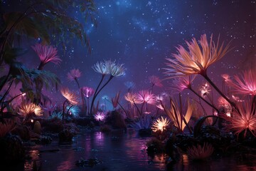 Un paisaje alien&iacute;gena con flores luminiscentes emergiendo de un lago oscuro bajo un cielo estrellado.