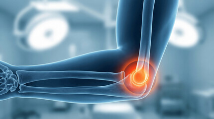 Elbow Pain, Anatomical X-ray Scan of a Human Arm Joint Showing Inflammation in a Modern Medical Healthcare Setting