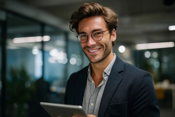 Business professional smiling office environment portrait photography modern workspace